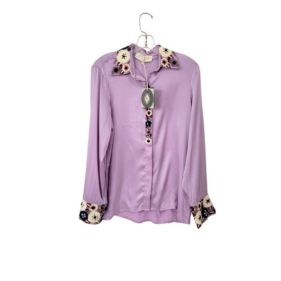 La Fuori Tops - La Fuori Lavender Silk Embroidered Floral Shirt Women's XL with Original Tags